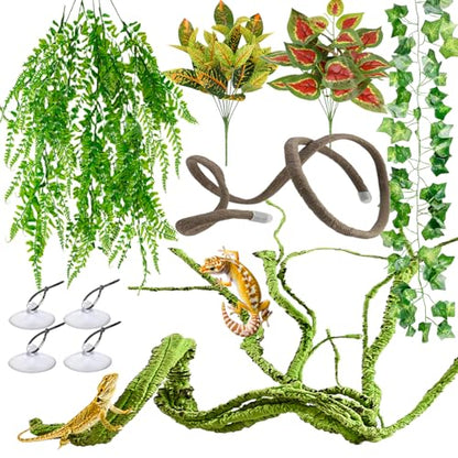 Reptile Vines, Reptile Plants for Bearded Dragon Tank Accessories, Chameleon Cage Accessories, Flexible Jungle Climbing Vines, Terrarium Fake Plants Habitat Decor for Chameleon, Lizards, Gecko, Snake