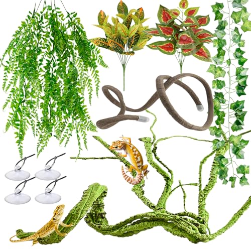 Reptile Vines, Reptile Plants for Bearded Dragon Tank Accessories, Chameleon Cage Accessories, Flexible Jungle Climbing Vines, Terrarium Fake Plants Habitat Decor for Chameleon, Lizards, Gecko, Snake