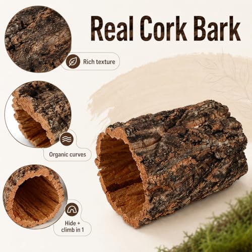 DECHOUS Natural Cork Rounds Reptiles 6x5 Inch Reptile Hideout Tree Bark Tube Terrarium Tank Decor for Gecko Bearded Dragon Snake Climbing, Amphibian Habitat