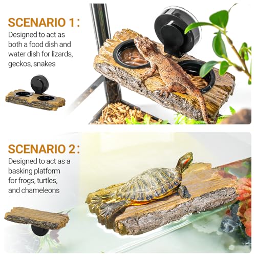 2 in 1 Reptile Feeding Ledge & Turtle Basking Platform, Resin Suction Cup Feeder with 4PCS Cups, Terrarium Water Bowl Food Dish - Tank Accessories for Crested Gecko Lizards & Aquatic Turtles