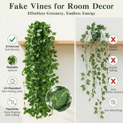 CEWOR Fake Ivy Vines for Room Decor 12pcs Fake Ivy Greenery Garland Wall Decor (Pothos)