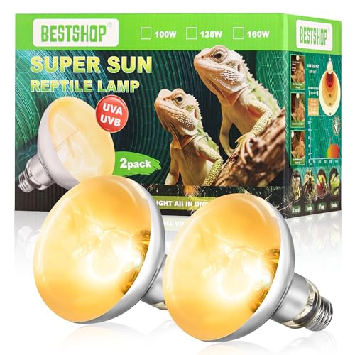 Heat Lamp Bulbs, 160 Watts UVA UVB Reptile Heat Bulb, 2 Pack | Full Spectrum, Basking Spot Light, Simulate Natural Sun Light, For Reptile and Amphibian, Silver