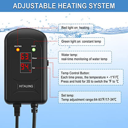 HiTauing Aquarium Heater, 200W Fish Tank Heater with LED Digital Display & 5 Safety Protection, Submersible Aquarium Heater with 2 Suction Cup and 5.9Ft Cord for 20-40 Gallon Fish Tank. - size: 200 Watt Aquarium Heater
