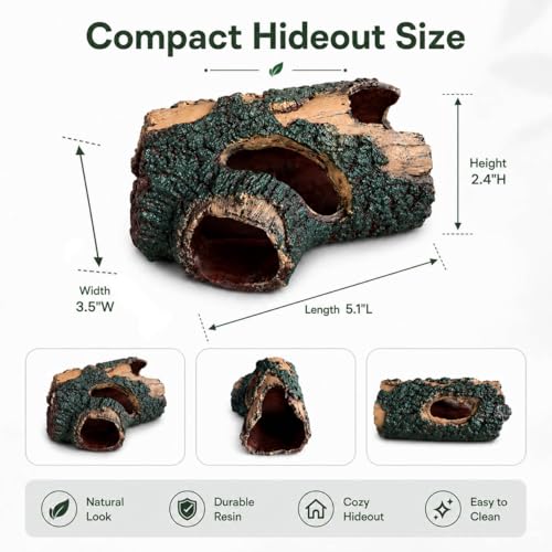 Faux Log Reptile Hideout & Aquarium Cave, Small Lizard Hide for Terrarium and Fish Tank Decor, Multiple Openings, Textured Bark Ornament for Gecko, Shrimp & Small Fish, 5.1 x 3.5 x 2.4 in
