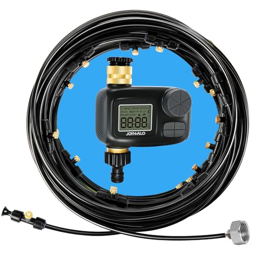 Joyhalo Misters for Outside Patio with Automatic Sprinkler Timer | 50FT Misting System Line,17 Mist Nozzles,Water Filter, Brass Adapter(3/4"), Outdoor Plant Misters for Patio Cooling Garden - size: 50FT with Timer