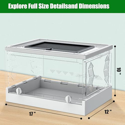 Folding Reptile Terrarium 17" × 12" × 10" – Portable Clear Habitat Tank with Front Opening Door & Ventilation, Easy Assembly for Geckos, Lizards, Snakes, Turtles, Spiders & Amphibians - size: 17" × 12" × 10"