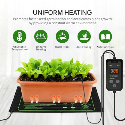 SYSAI Seedling Heat Mat 10" x 21" with Digital Thermostat, Waterproof Heating Pad for Indoor Seed Starting, Germination, Greenhouse & Reptile Tank