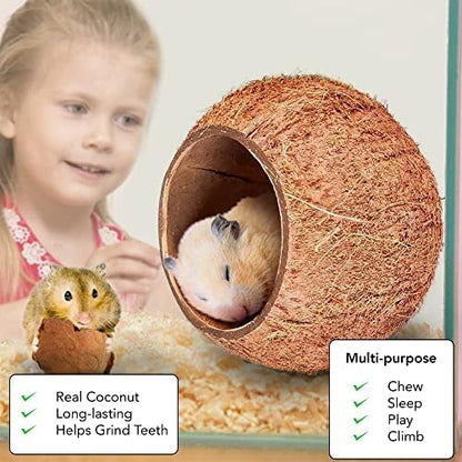 SunGrow Coconut Shell House for Gecko, Snake & Ball Python, Raw Coco Husk, Pet Hiding House, Climber or Chew Toy, for Reptiles, Amphibians (Coco Bowl)