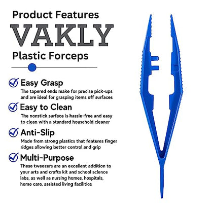 Vakly Disposable Plastic Forceps Tweezers Blue (30 Pack) – Serrated Tip Medical Tweezers with Finger Ridges & Narrow Points for First Aid, Lab, Crafts & School Science