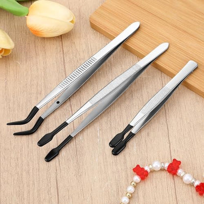 Trinkrittey 3 Pcs Tweezers with Rubber Tips Silicone Bent Flat Tip Tweezers Precision Sticker Craft Tweezer for Stamps Sticker Crafts Jewelry Beads (Black)