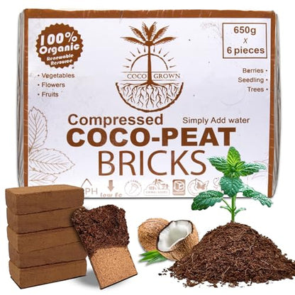 Compressed Coco Coir Bricks – 100% Organic, 650g x 6 Bricks – Expands to 8L Each, Eco-Friendly, Biodegradable, No Chemicals – Ideal for Vegetables, Fruits, Flowers, Seedlings