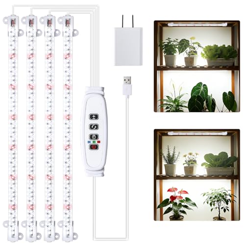 RWNTAO Grow Lights for Indoor Plants, 13" Grow Light Strips with Timer 3/9/12 H, 10 Dimmable Levels, 192 LEDs Full Spectrum Sunlight Plant Growing Lamp for Indoor Greenhouse Seedlings, 4 Head - color: White Cabel, size: 4 Head 1 Pack Red+White
