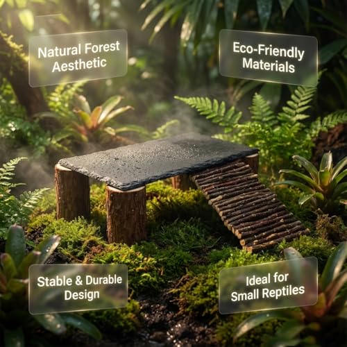 Bearded Dragon Basking Platform Natural Slate Rock with Wood Log Legs & Branch Ramp, Reptile Hide Basking Spot Tank Decor, Suitable for Leopard Gecko, Tortoise, Ball Python Small Black
