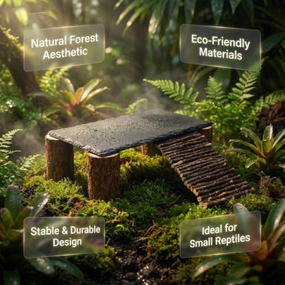 Bearded Dragon Basking Platform Natural Slate Rock with Wood Log Legs & Branch Ramp, Reptile Hide Basking Spot Tank Decor, Suitable for Leopard Gecko, Tortoise, Ball Python Small Black