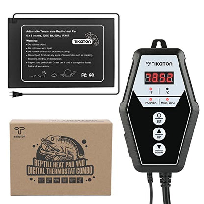 Tikaton Reptile Heating Pad and Digital Thermostat Combo Set, Under Tank Heater for 10-20gal/30-40gal Tank, Terrarium Heat Mat for Turtle/Snake/Lizard/Frog/Spider/Plant Box - size: 1 Pack-6" X 8"