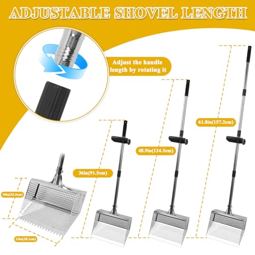 12in Wide chicken poop scooper and rake，Aluminum Poop Scoop Shovel for Cleaning Coops, Sand, Bedding，Adjustable Long Handle， Garden, Farm, Livestock Waste Removal Tool，chicken coop accessories