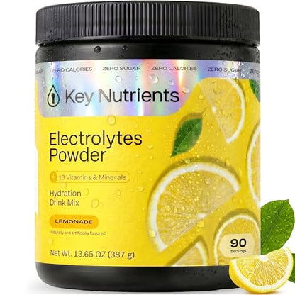KEY NUTRIENTS Multivitamin Electrolytes Powder No Sugar - Refreshing Lemonade Electrolyte Powder - Sodium & Energy Supplement - Hydration Powder - No Calories - 90 Servings - Made in USA