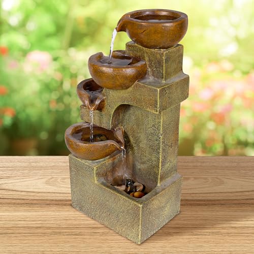Alpine Corporation WCT726 | 16"H Indoor/Outdoor Tabletop Tiered Pouring Pots Waterfall Fountain — Natural Stone-Look Finish Adds Rustic Charm — Brown - style: 16"H - Brown 5-Tier Pouring Pots