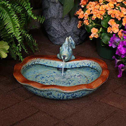 Sunnydaze Glazed Ceramic Fish 7-Inch Outdoor Garden Fountain - Outdoor Tabletop Fountain for Patio, Deck, Garden - Aqua and Brown