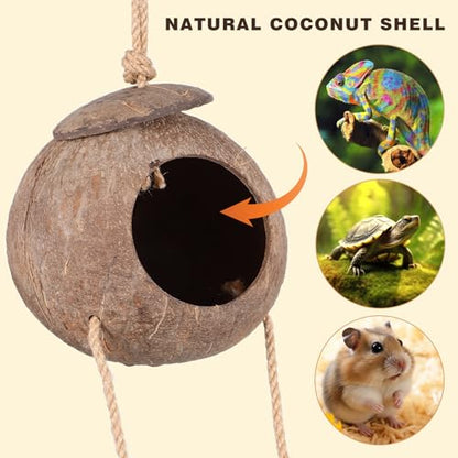 Homoyoyo Crested Gecko Coconut Hide with Ladder, Natural Reptile Hideout and Lizard Shelter Hanging Reptile Hideout Coconut Shell Hut for Lizard Tank Accessories, Terrarium Cave for Leopard Gecko