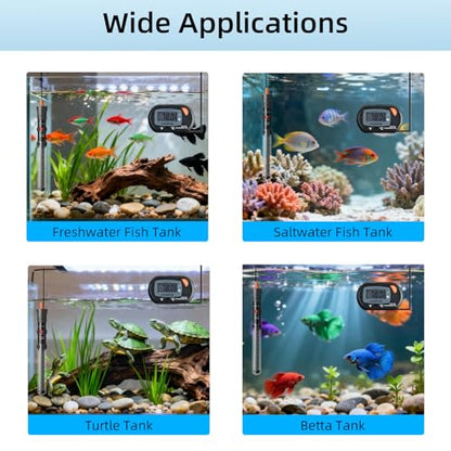HiTauing Aquarium Heater 25W/50W/100W/200W/300W, Adjustable Knob Fish Tank Heater with Digital Thermometer, Submersible Betta/Turtle Tank Heater for Freshwater and Saltwater Tanks - size: 200W for 30-50 gallon
