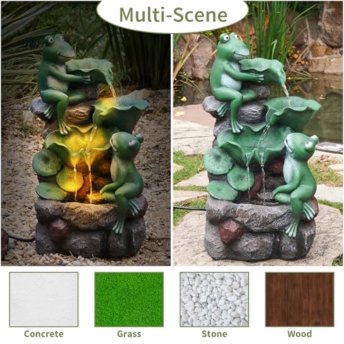 HPC Decor Outdoor 4-Tier Frog Waterfall Fountain with LED Lights for Garden, Patio, Yard, and Porch Décor, 19.9" H (Green)