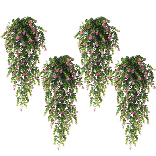RECUTMS 4Pcs Fake Eucalyptus Leaves with Flowers Plastic Ivy Greenery Leaf Artificial Hanging Plants for Home Garden Wall Bedroom Office Wedding Decor Fuchsia - color: Style3-fuchsia