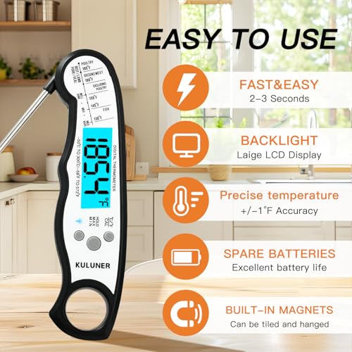 KULUNER Instant Read Food Thermometer, White Waterproof Digital Meat Thermometer with 4.6" Folding Probe, Backlight & Calibration, 2-3s Fast Reading for Kitchen Baking Grilling Cooking - White - color: White