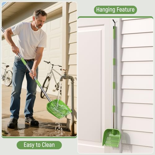 Chicken Poop Scooper, 2-in-1 Coop Scoop & Chicken Coop Rake, Sand Sifting Shovel with Adjustable Stainless Steel Handle, Up to 68 in, No-Bend Cleaning Tool - Patent-Pending