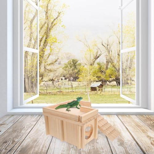 Cabilock Wooden Reptile Hide Cave with Climbing Ramp and Basking Platform Large Bearded Dragon Habitat Shelter for Leopard Gecko Tank Accessories