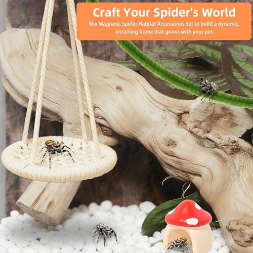8 Pcs Jumping Spider Hide Enclosure Habitat, Spiders Hideout Climbing Rope Bridge Swings & Web, Mushroom Shelf, Jump Platform with Magnets for Pet Spider Habitat Accessories