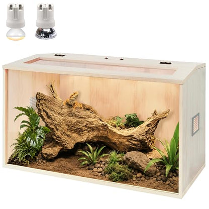 PROLEE Bearded Dragon Tank,Wooden Reptile Tank and Lizard Tank,Tempered Glass Large Bearded Dragon Enclosure with Built-in Lamp Fixture (24X16X16inch,24 Gallons) - color: Wooden Roof, size: 24X16X16inch,24 Gallons