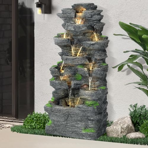40" H 10-Tiers Cascading Rock Water Fountain Outdoor - Waterfalls Fountains with LED Lights, Outdoor/Indoor Resin Fountain for Patio, Garden, Backyard, Deck, Porch, Home Art Docor(40''H) - size: 40"H