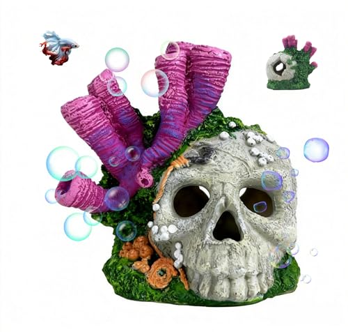 Skull Aquarium Hideout with Coral – Betta Fish Tank Decorations, Shrimp Cave & Small Fish Hideaway, Resin Underwater Skull Decor for Freshwater Aquarium