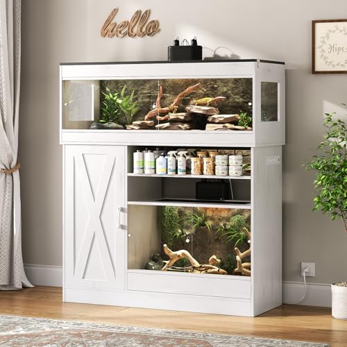 Dual Reptile Enclosure with Stand for Multiple Pets,60 Gallon Reptile Tank & 45 Gallon Reptile Terrarium with Cabinet,Sliding Doors,Power Outlet for Snakes,Lizards,Geckos White CAGE005E - color: Vintage White