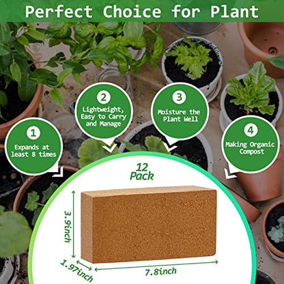 Riare 12pcs Organic Coco Coir Bricks Soil Blocks- 100% Natural Compressed Coco Peat Brick Coconut Fiber Substrate with Low EC& pH Balance, High Expansion Coco Coir Pith Coconut Husk for Garden - color: Pack of 12
