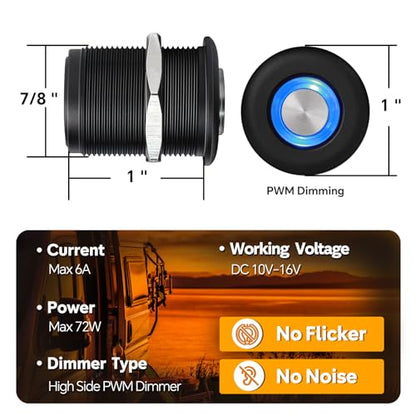 12 Volt Light Dimmer RV Boat High-Side PWM Dimming Switch, 7/8" Mounting Hole w/Blue Backlight for LED Strip Light 12V LED Halogen Incandescent, All-Aluminum Shell, Rated 6A (Black) - color: Black