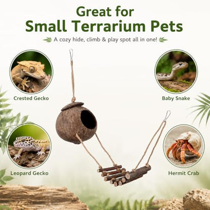 IMIKEYA Reptile Hide Coconut Cave, Natural Hanging Shell Hut with Rope Ladder for Crested and Leopard Gecko, Lizard Tank Hideout Decor for Small Reptiles and Hermit Crabs