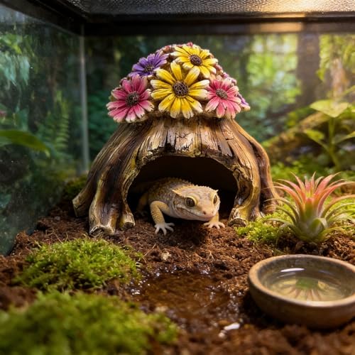 Humid Hide for Leopard Gecko – Resin Reptile Hide with Artificial Flowers, Tree Stump Cave for Crested Gecko Corn Snake Juvenile King Snake, Terrarium Decor Accessory (7.3"x6.7"x5.5")