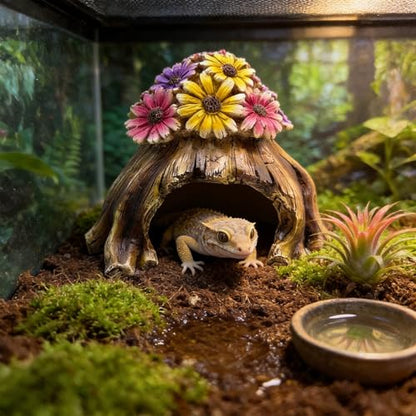 Humid Hide for Leopard Gecko – Resin Reptile Hide with Artificial Flowers, Tree Stump Cave for Crested Gecko Corn Snake Juvenile King Snake, Terrarium Decor Accessory (7.3"x6.7"x5.5")