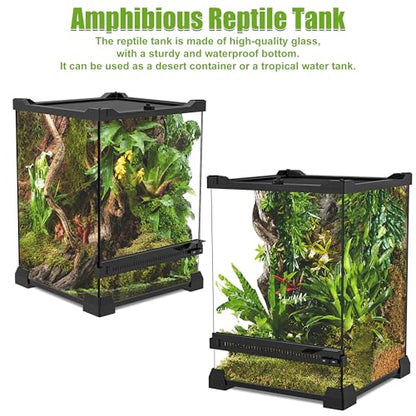 Reptile Terrarium 8"x8"x12" Mini, Front-Opening Glass Tank with Mesh Lid & Lock, 360° Glass Enclosure for Small Reptiles, Frogs, Tarantulas, Jumping Spiders & Geckos - size: 8" x 8" x 12"