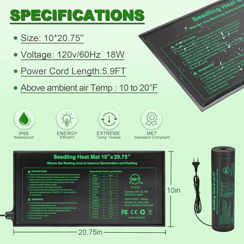 Bestio Waterproof Seeding Heat Mat 10"x 20.75", 4 Pack Durable Heat Mats for Seed Starting, UL & MET-Certified Plant Heating Pad, Indoor Gardening, Greenhouse - size: 10" x 20.75"- 4 Pack