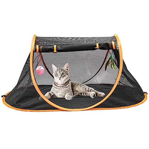Portable Cat Mesh Tent Pet Cage,Pop Up Crate,Foldable Kennel,Indoor,Outdoor,Comfy Puppy House-Washable Fabric for Small Animals with 2 Cat Toys, Carry Bag & 2 Stakes - color: Black and yellow