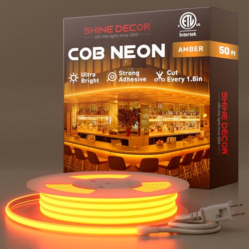 Shine Decor COB LED Rope Light AC 120V, 800lm Ultra Bright, IP65 Waterproof Cold-Resistant ETL Neon Strip, No Driver Tape Lighting for Home Commercial 10x4.5mm, Amber, 50ft - color: Amber, size: 50 ft