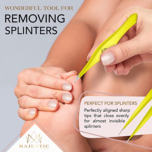 Majestic Bombay Fine Point Tweezers for Women and Men – Splinter Ticks, Facial, Brow and Ingrown Hair Removal–Sharp, Needle Nose, Surgical Tweezers Precision Pluckers best tweezers for chin hair - color: Yellow