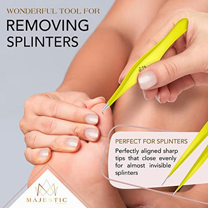 Majestic Bombay Fine Point Tweezers for Women and Men – Splinter Ticks, Facial, Brow and Ingrown Hair Removal–Sharp, Needle Nose, Surgical Tweezers Precision Pluckers best tweezers for chin hair - color: Yellow