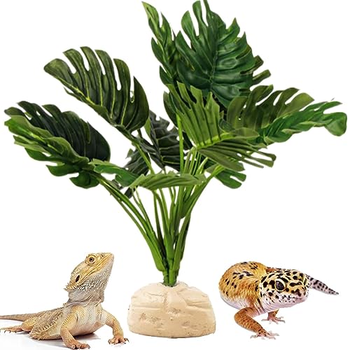 Reptile Terrarium Decor Plants,Amphibian Habitat Decor,Artificial Plants for Tank Accessories,Fake Monstera for Crested Gecko Leopard Lizard Chameleon Ball Python Snake Frog - color: Green