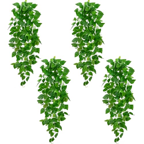 BLEUM CADE 4Pcs Fake Hanging Plants, 9 Branch Artificial Hanging Plant, Lush Faux Pothos Vines for Home Room Wall Shelf Porch Outdoor Indoor Decor (No Baskets) - color: Pothos Ivy Vines - 9 Branch, size: 4pcs