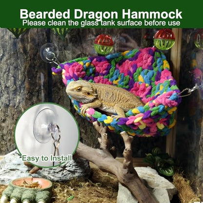 Bearded Dragon Hammock Lounger with Suction Cups Bells,Double-Layer Reptile Hammock, Soft Hanging Lizard Bed Climbing Toys Swing Tank Accessories for Lizard Gecko Chameleon Snake (Red)