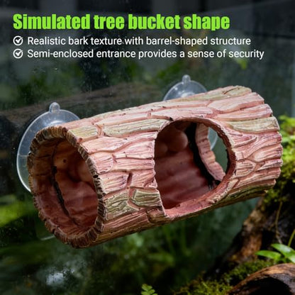 Reptile Hideout Cave, Resin Tree Trunk Shape Lizard Hide Habitat with Suction Cups Terrarium Decor for Gecko Lizards Tree Frogs Fish